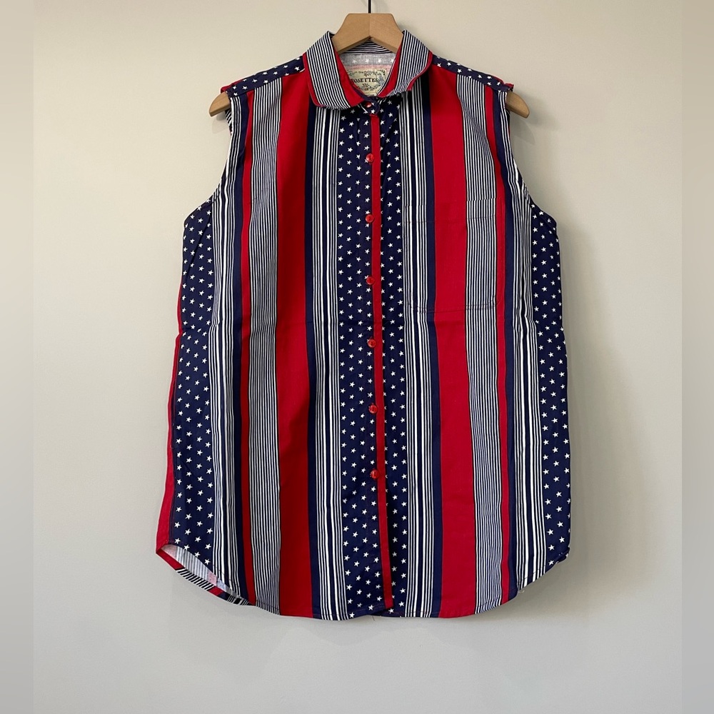 Rosettes American Flag print sleeveless button down shirt tunic medium